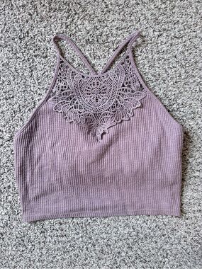 pink ribbed high neck crochet lace bralette crop top size small